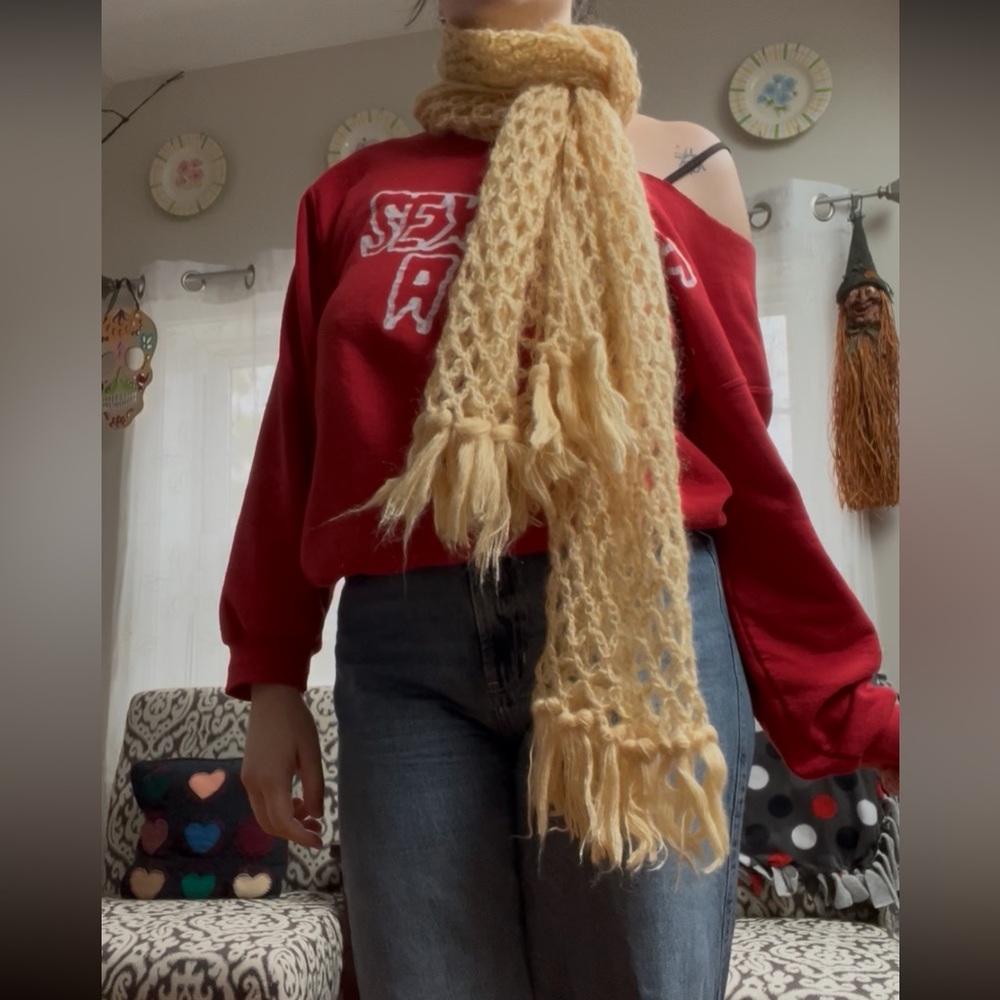 Super long open-knit scarf, really versatile with how you can wear it!